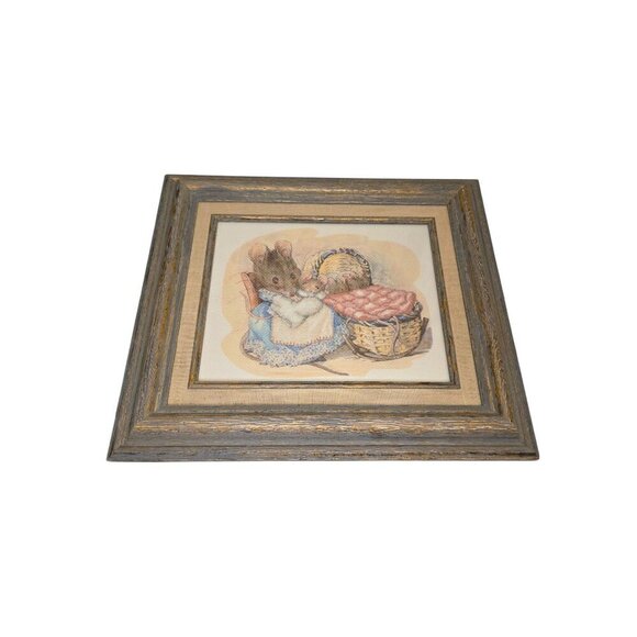 Framed Cross-Stitch Art Of Mice In Blue Dress With Basket & Quilt - Picture 1 of 10